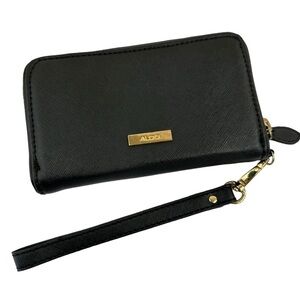 Aldo Black Leather Zip Around Wristlet Wallet